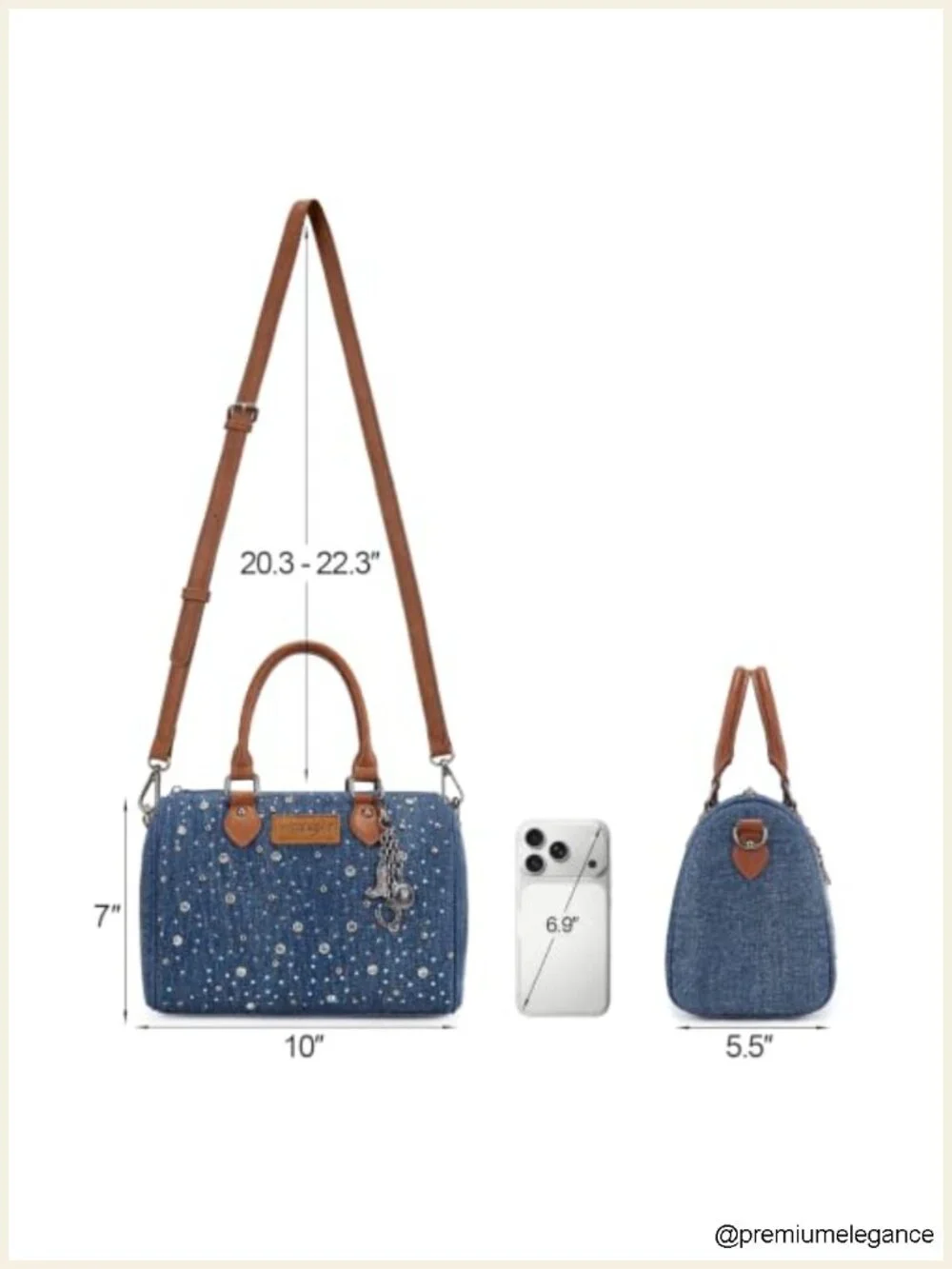 Rhinestone Denim Barrel Satchel Purse Crossbody Shoulder Bag Y2K Bling